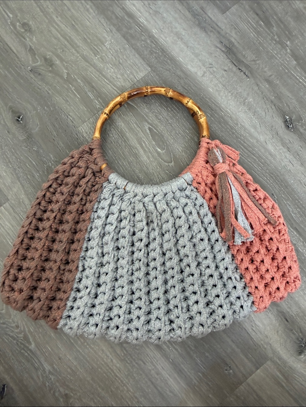 One of a kind Handcrafted Crochet Tri-Color Tote with Bamboo Handle